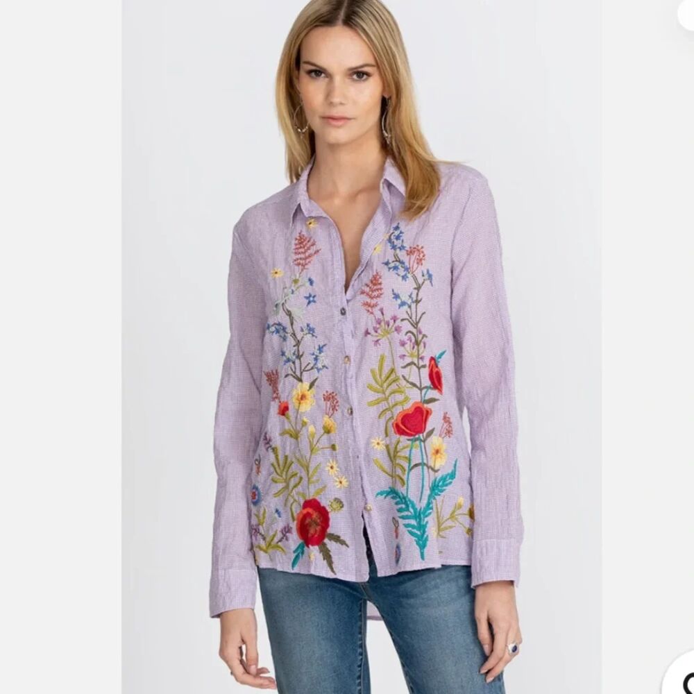 Johnny Was Provence Floral Embroidery Gingham Shirt Cottagecore Boho Grandmacore